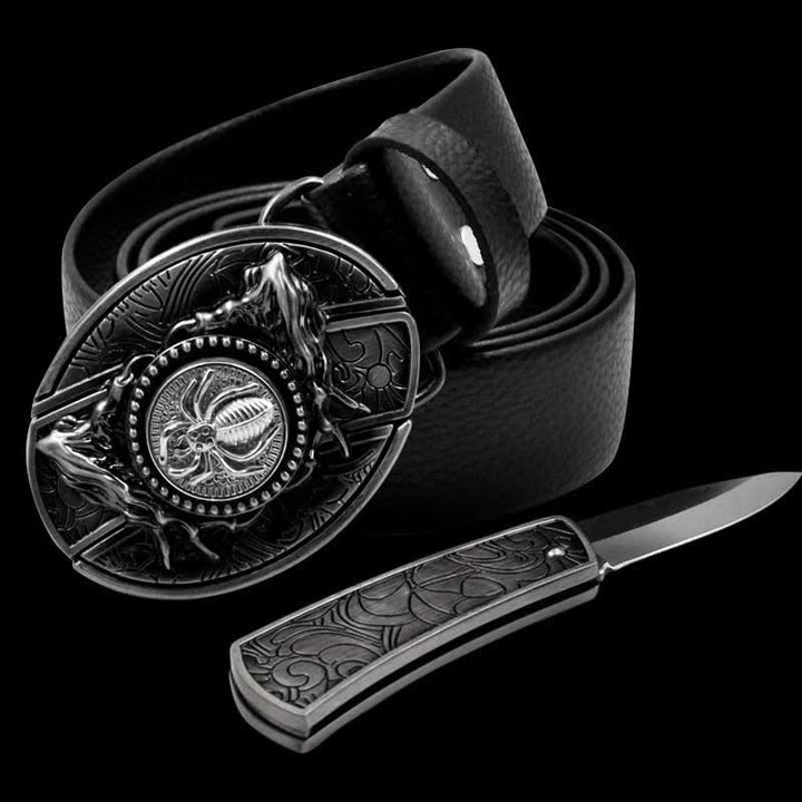 Ceinture en cuir araignée rotative pour homme avec couteau pliant