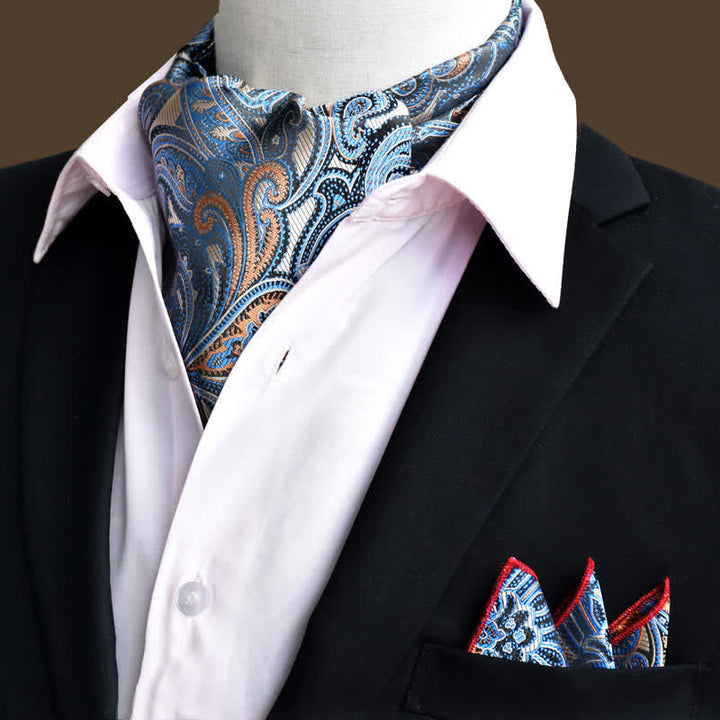 Ensemble de 2 mouchoirs de poche et cravates de luxe à motif cachemire floral bleu acier