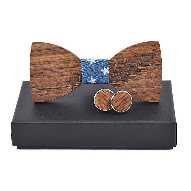 Lot de 2 noeuds papillon en bois gravés en plumes pour homme