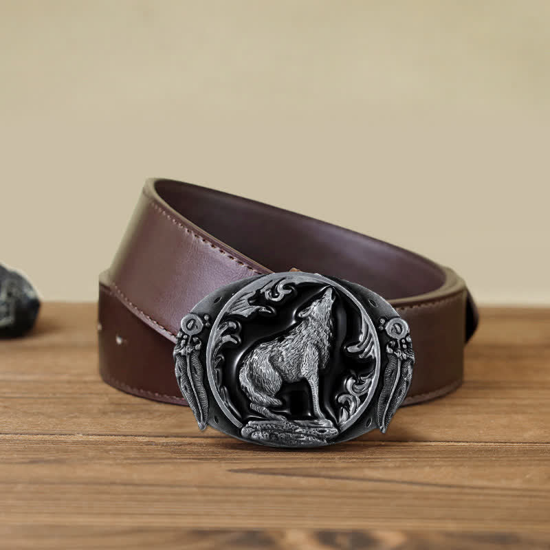 Ceinture en cuir à boucle en émail pour homme avec loup hurlant dominateur
