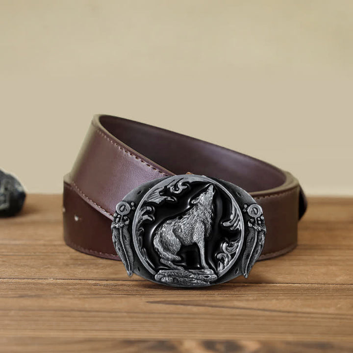 Ceinture en cuir à boucle en émail pour homme avec loup hurlant dominateur