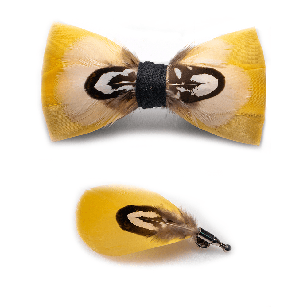 Nœud papillon en plumes de perroquet jaune avec épingle à revers - image 2