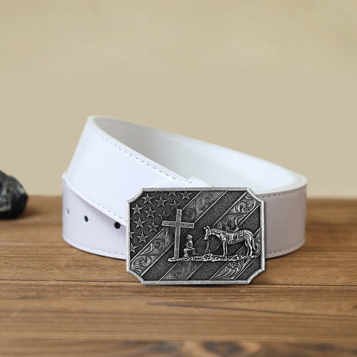 Ceinture en cuir à boucle de cheval avec croix de prière et drapeau américain pour homme