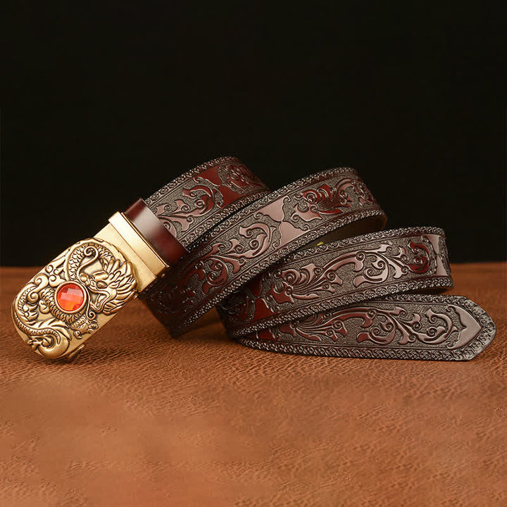 Ceinture en cuir pour homme avec pierre précieuse gravée en forme de dragon
