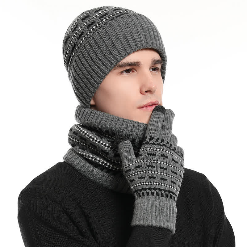 Ensemble de 3 gants, écharpe, bonnet en tricot double épaisseur ample