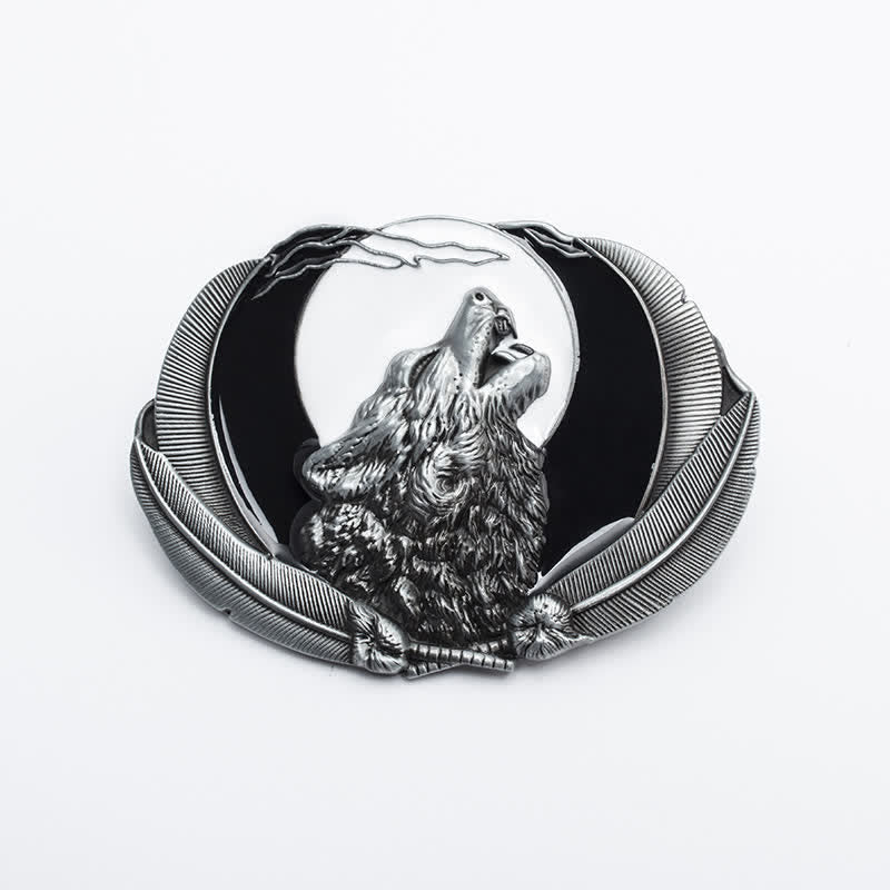Ceinture en cuir à boucle ovale pour homme avec motif loup hurlant et lune