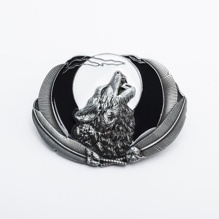 Ceinture en cuir à boucle ovale pour homme avec motif loup hurlant et lune
