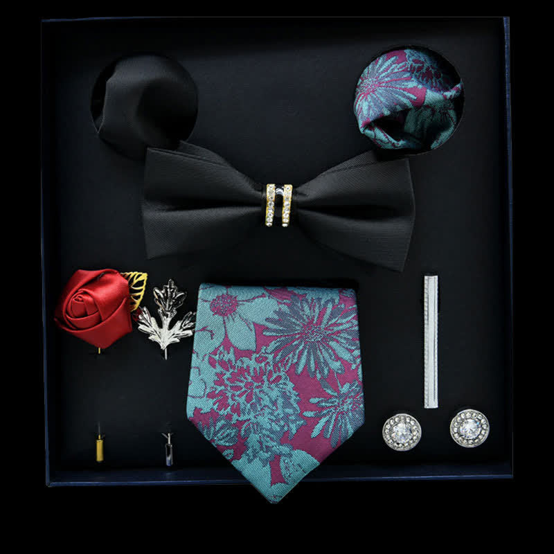 Lot de 8 nœuds papillon décontractés à fleurs noires et bleu ciel, coffret cadeau - Noir et bleu ciel - image 0