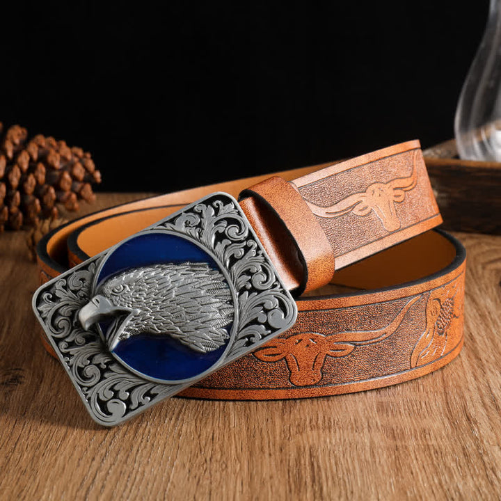 Ceinture rectangulaire en cuir western pour homme avec tête d'aigle à tête blanche