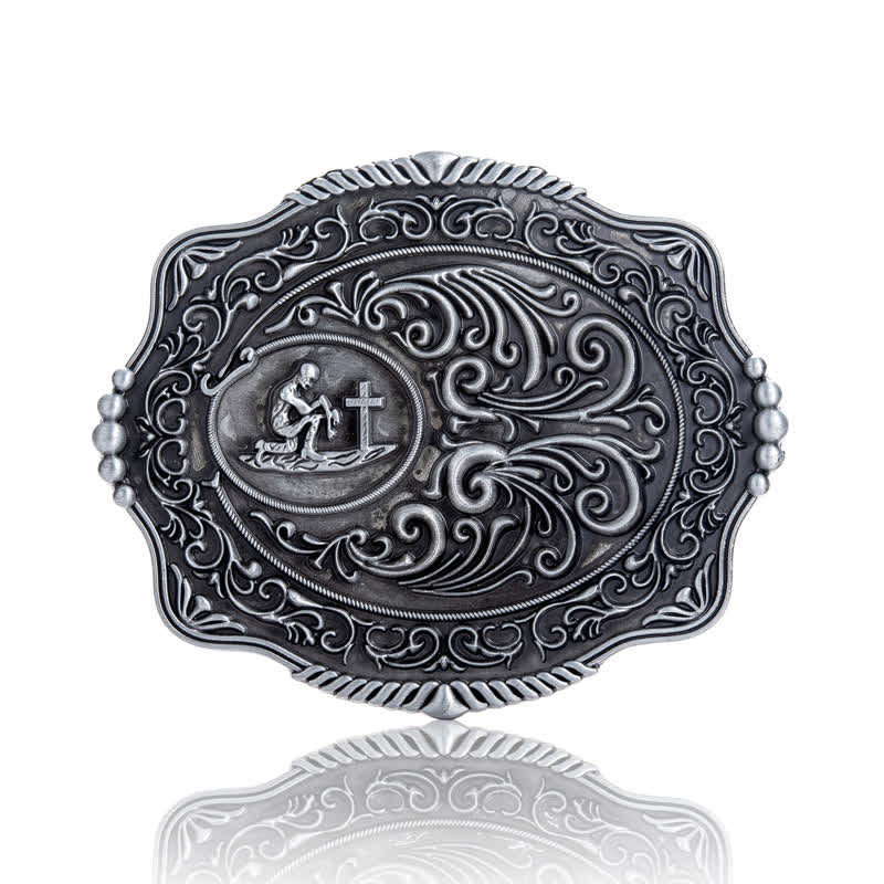 Ceinture en cuir à boucle gravée pour homme avec motif floral et prière sincère
