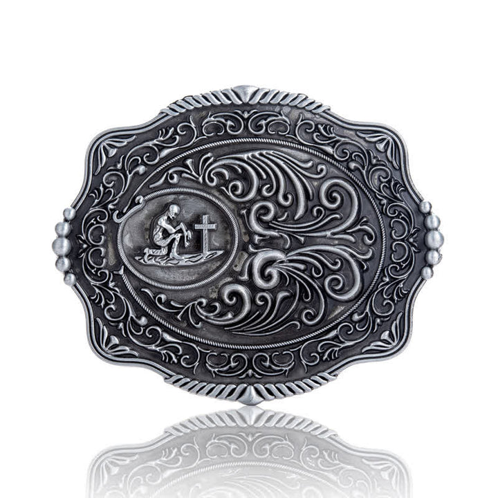 Ceinture en cuir à boucle gravée pour homme avec motif floral et prière sincère
