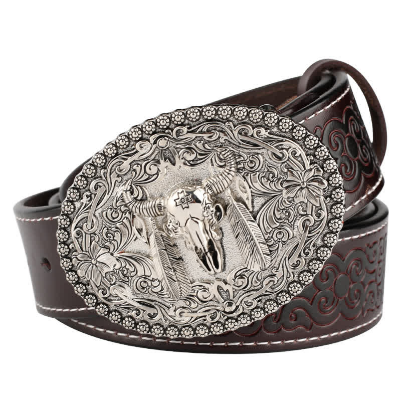Ceinture en cuir pour homme avec plumes gravées et motif taureau