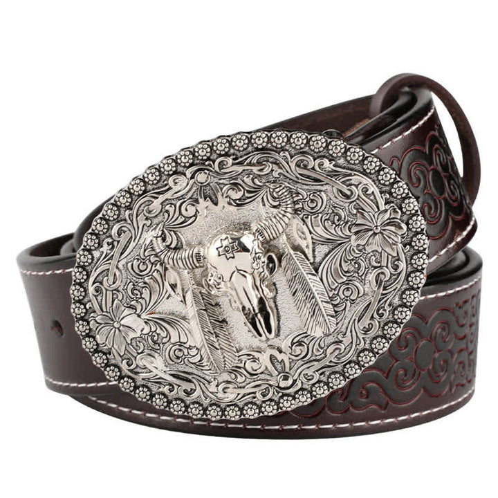 Ceinture en cuir pour homme avec plumes gravées et motif taureau