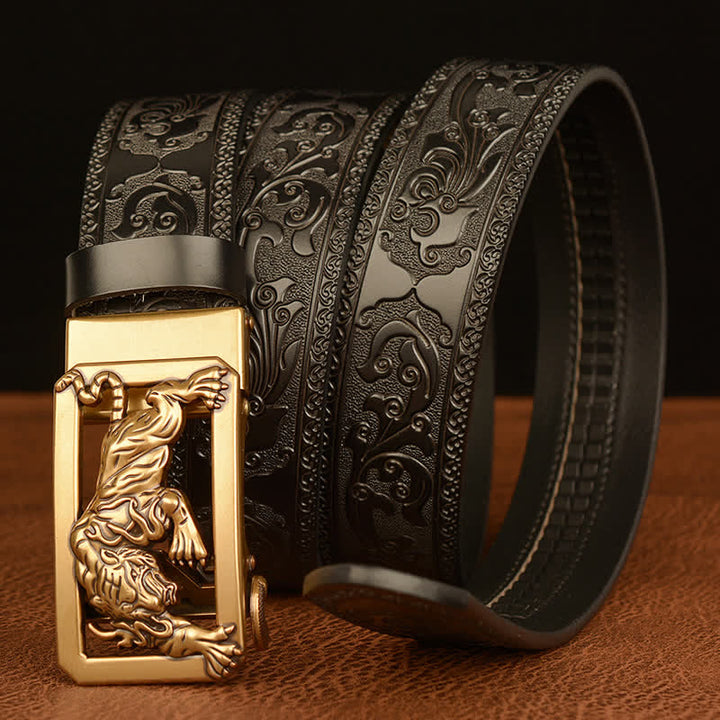 Ceinture en cuir à motif floral en relief avec boucle tigrée pour homme