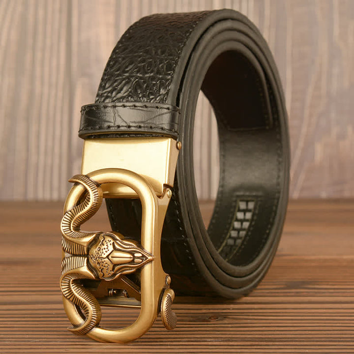 Ceinture en cuir à boucle automatique pour homme avec imprimé crocodile et tête de chèvre