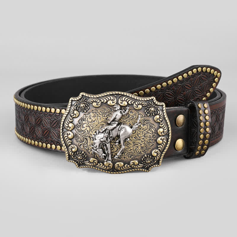 Ceinture en cuir à motif floral pour homme avec cheval d'équitation