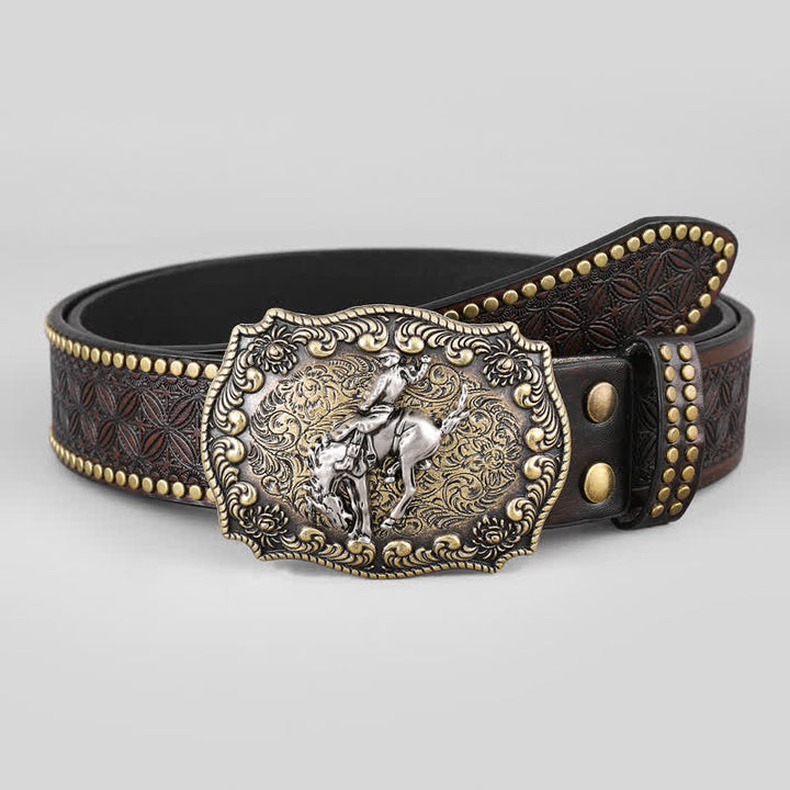 Ceinture en cuir à motif floral pour homme avec cheval d'équitation