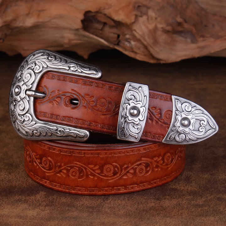 Ceinture unisexe en cuir à imprimé floral et texture rustique