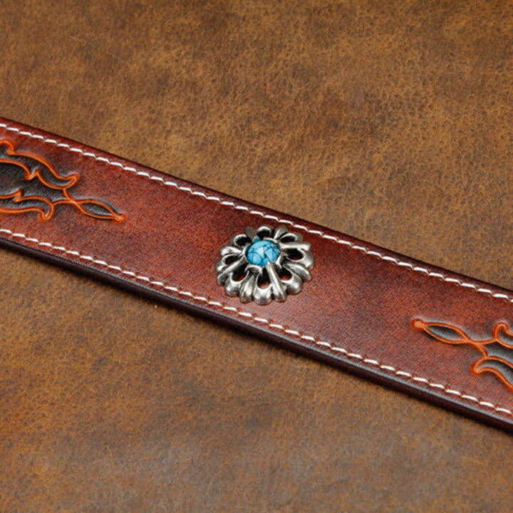 Ceinture unisexe rétro en cuir marron turquoise à fleurs