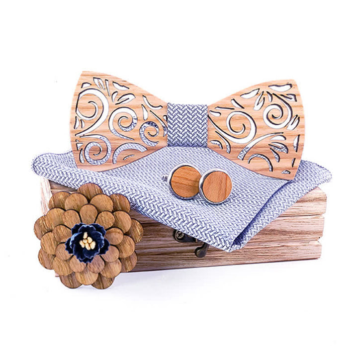 Lot de 4 nœuds papillon en bois à motif de feuilles creuses pour homme