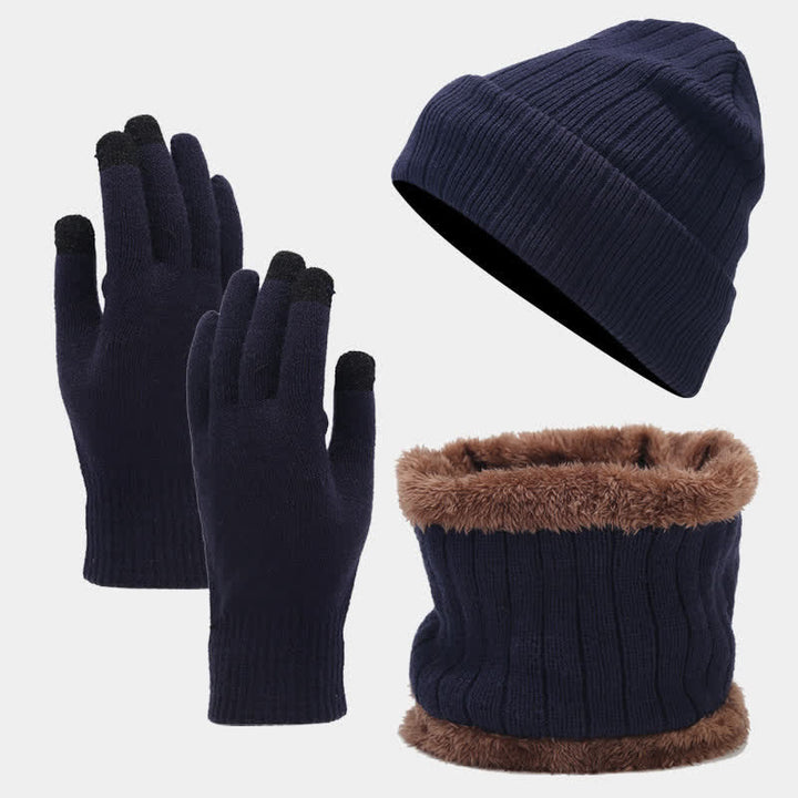 Ensemble de 3 pièces unisexe en tricot sergé épais, bonnet, écharpe, gants