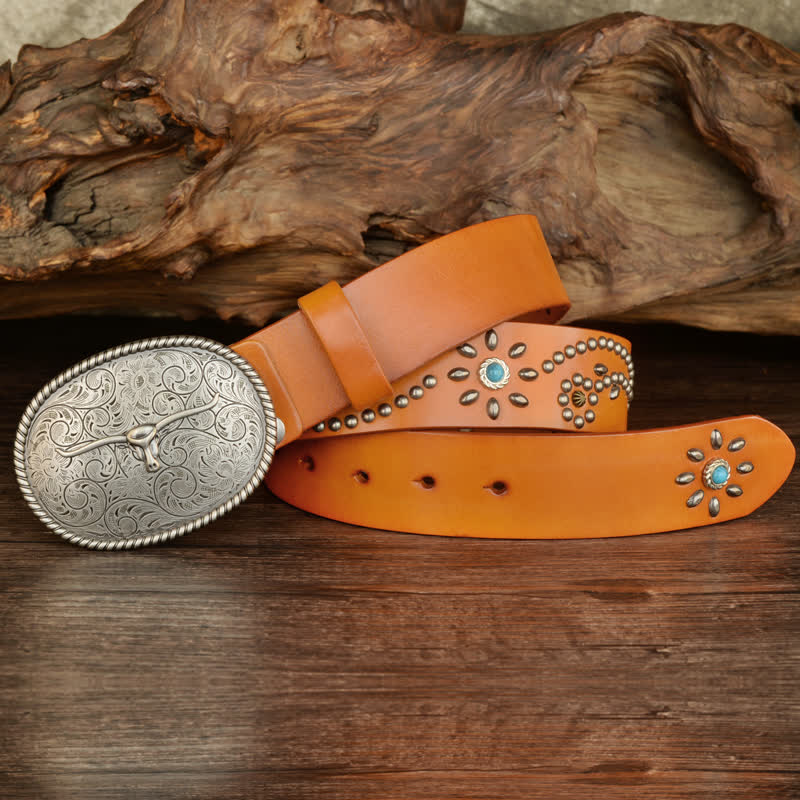 Ceinture en cuir véritable turquoise à rivets punk pour homme avec taureau à longues cornes