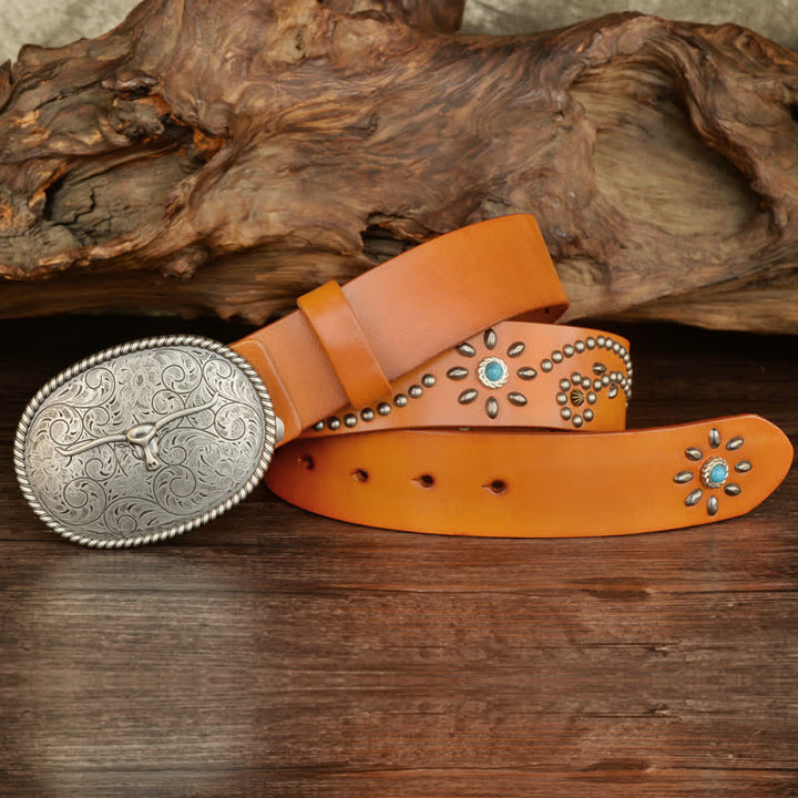 Ceinture en cuir véritable turquoise à rivets punk pour homme avec taureau à longues cornes