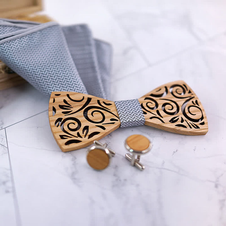 Lot de 4 nœuds papillon en bois à motif de feuilles creuses pour homme