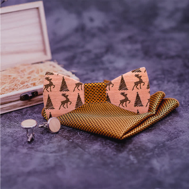 Lot de 3 nœuds papillon en bois à motif cerf et sapin de Noël pour homme