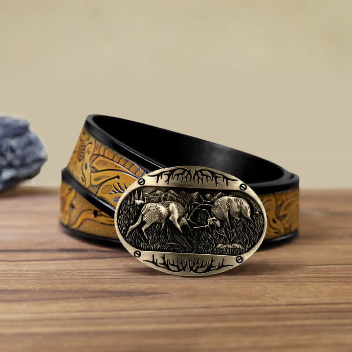 Ceinture en cuir western à boucle de cerf de combat sauvage pour homme