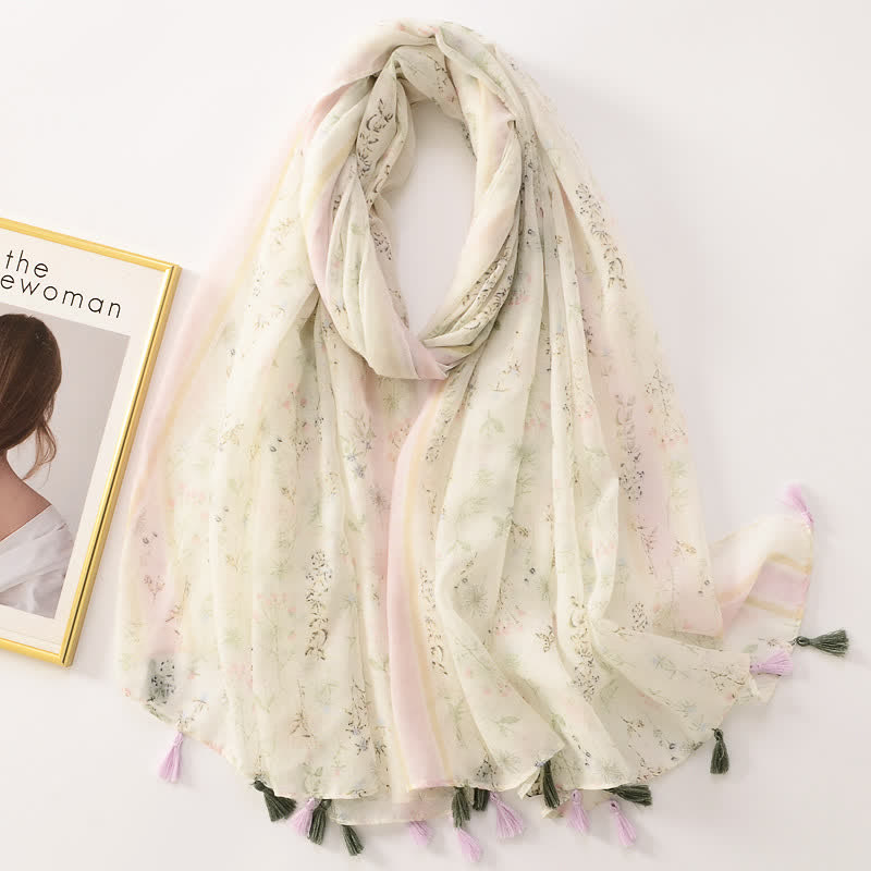 Écharpe fine à pompon et motif papillons floraux pour femme