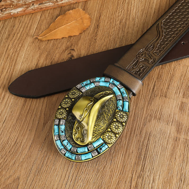 Ceinture en cuir avec chapeau de cowboy doré pour homme et décor turquoise