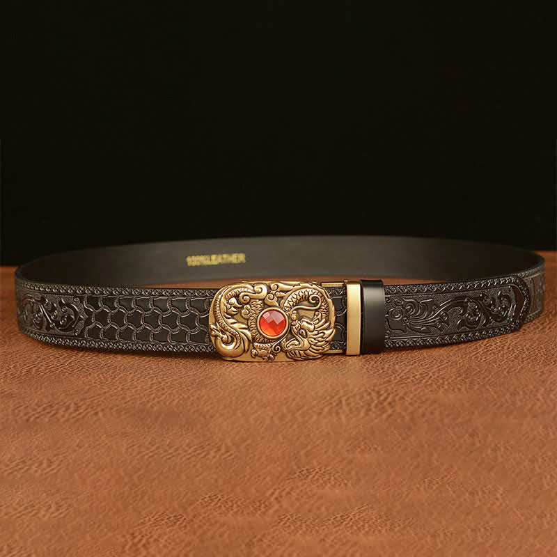 Ceinture en cuir pour homme avec pierre précieuse gravée en forme de dragon