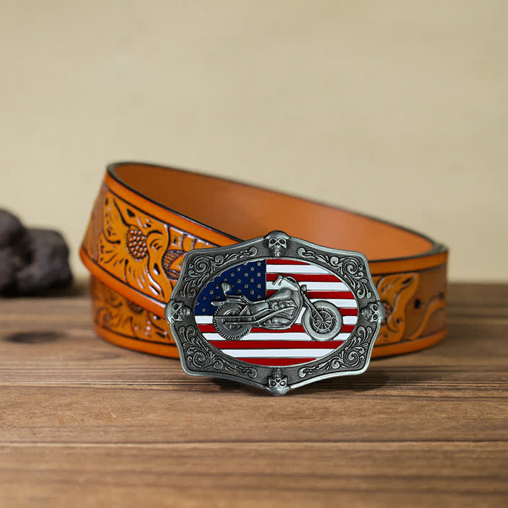 Ceinture en cuir à boucle tête de mort pour homme avec drapeau américain et moto