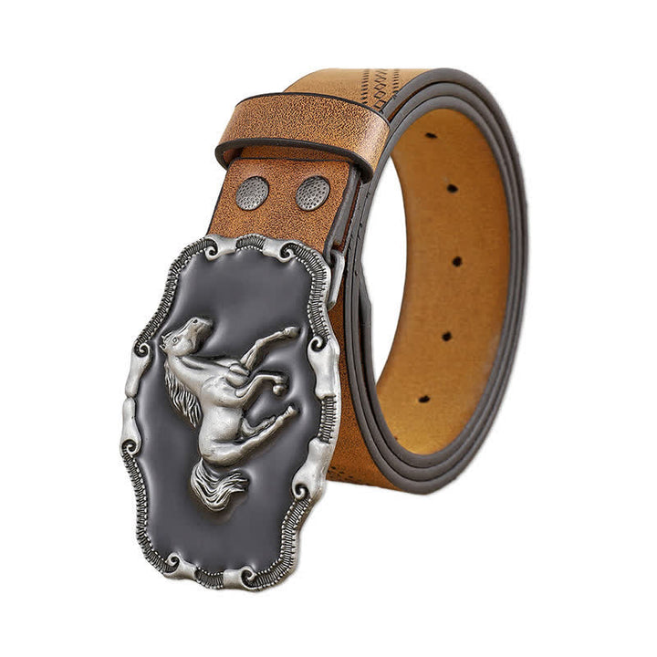 Ceinture en cuir classique argentée pour homme avec boucle en forme de cheval au galop