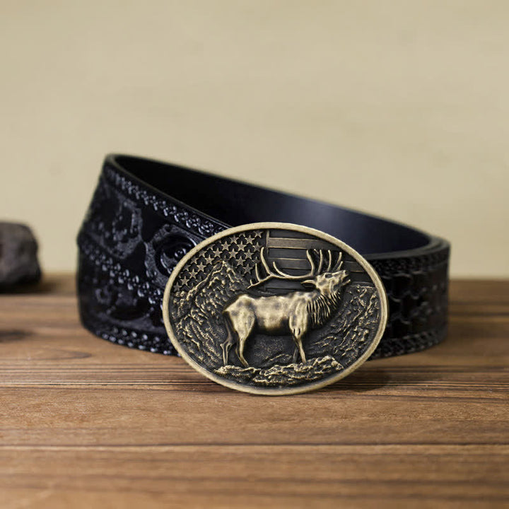 Ceinture en cuir à boucle pour homme avec drapeau américain et élan