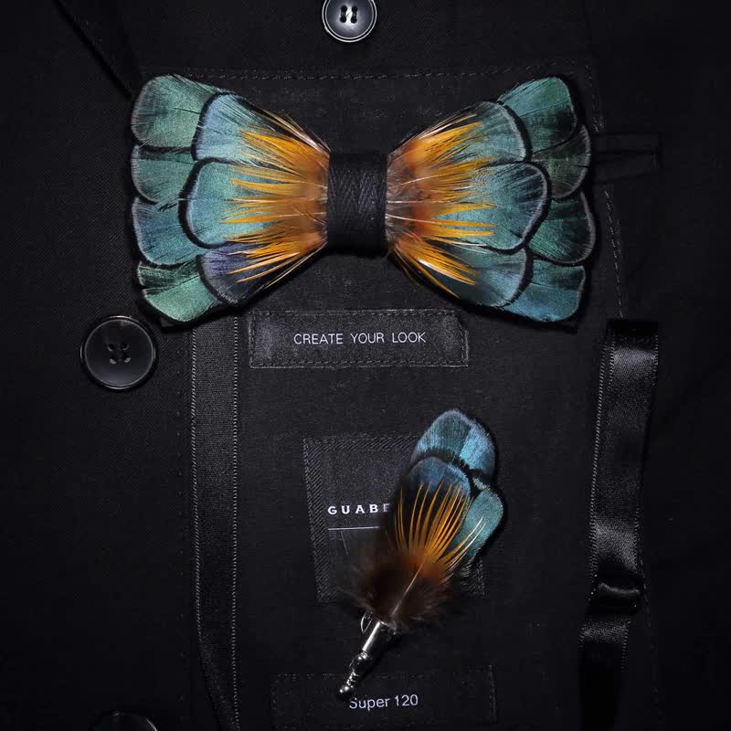 Nœud papillon vert et orange à plumes de tournesol avec épingle à revers - Adulte - image 0