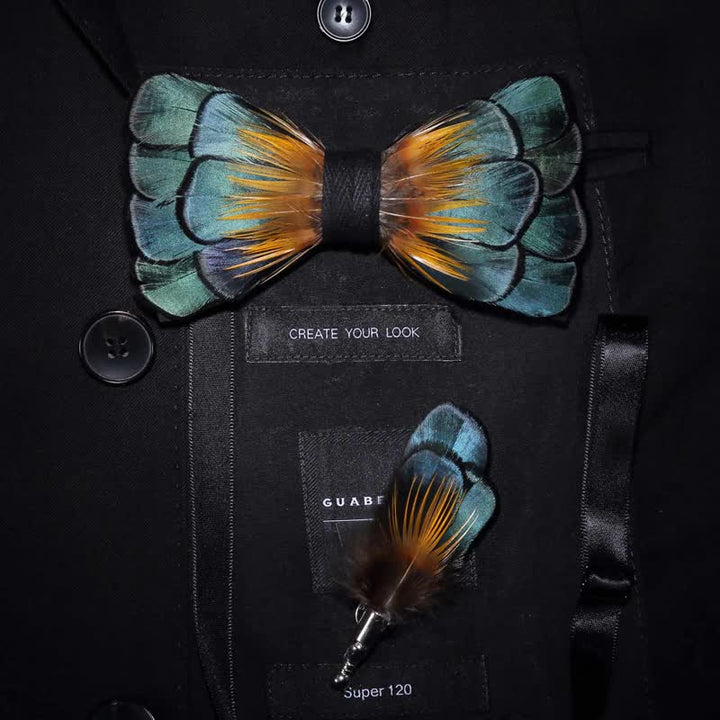 Nœud papillon vert et orange à plumes de tournesol avec épingle à revers - Adulte - image 0