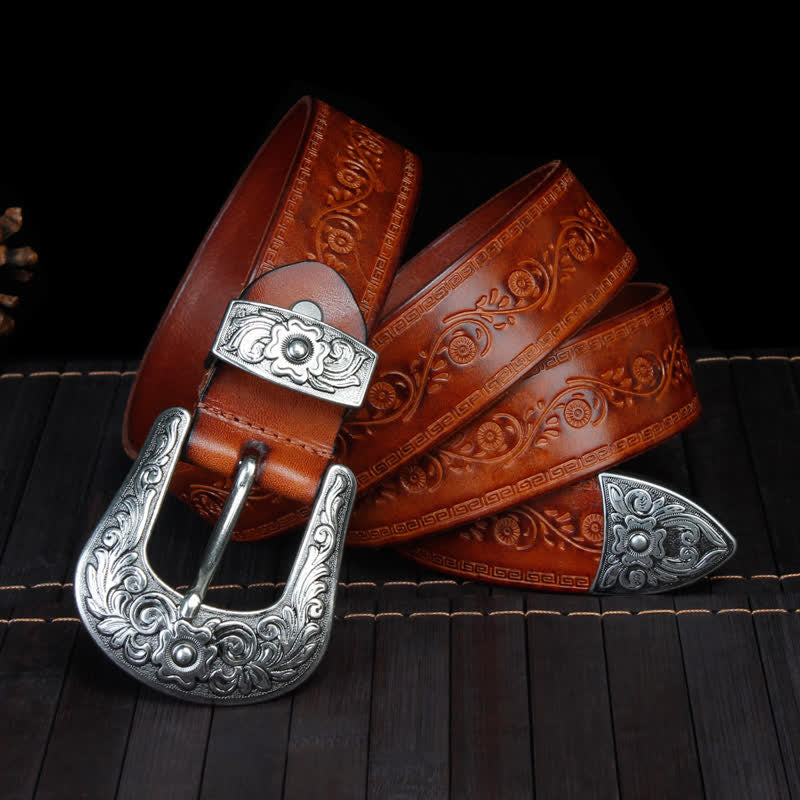 Ceinture unisexe en cuir à imprimé floral et texture rustique