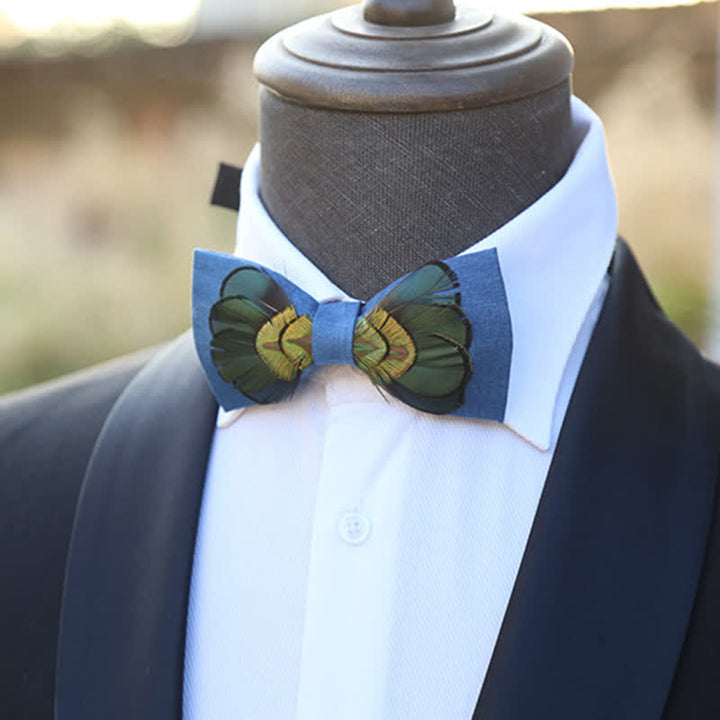 Nœud papillon en plumes de paon en lin vert foncé et bleu