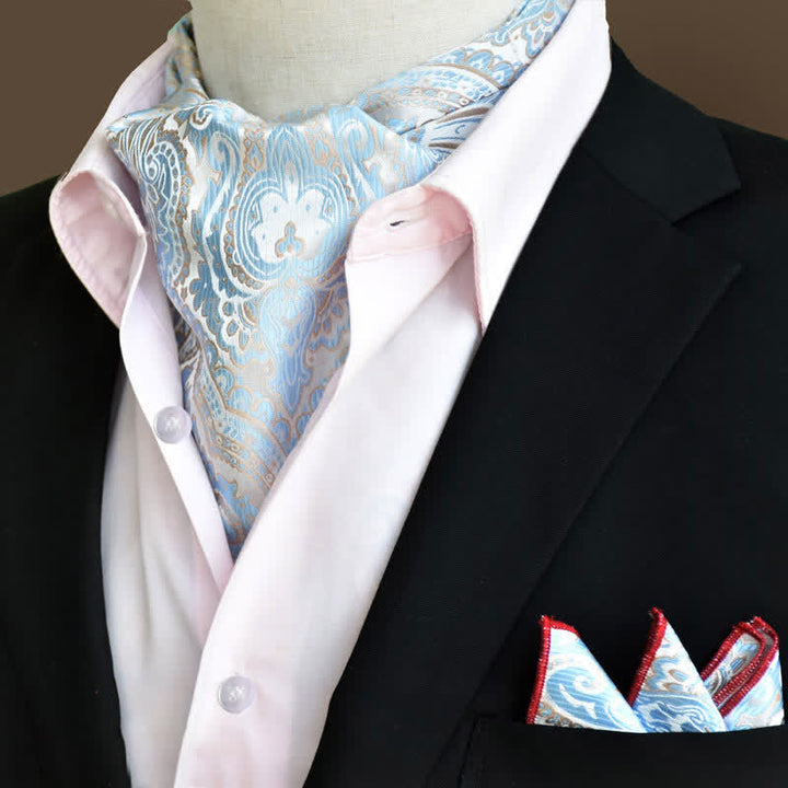 Ensemble de 2 mouchoirs de poche et cravate à motif cachemire floral bleu ciel de luxe