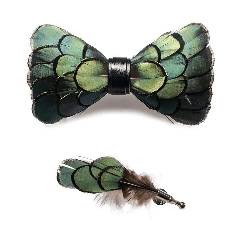 Nœud papillon classique en plumes vert olive foncé pour enfant avec épingle à revers