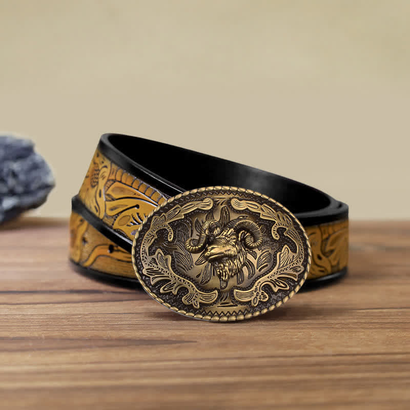 Ceinture en cuir à boucle tête de chèvre sauvage en bronze pour homme