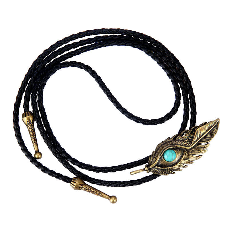 Cravate bolo en forme de plume avec incrustation de pierre turquoise bleue