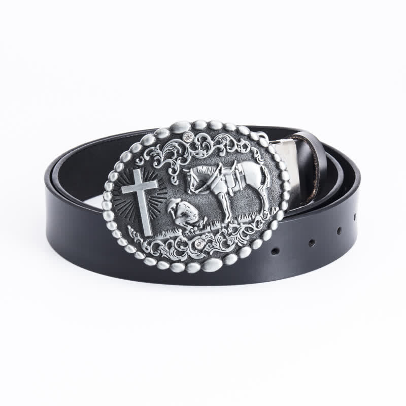Ceinture en cuir pour homme avec croix de prière à genoux