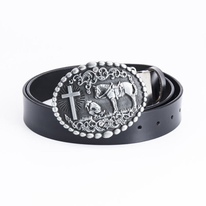 Ceinture en cuir pour homme avec croix de prière à genoux