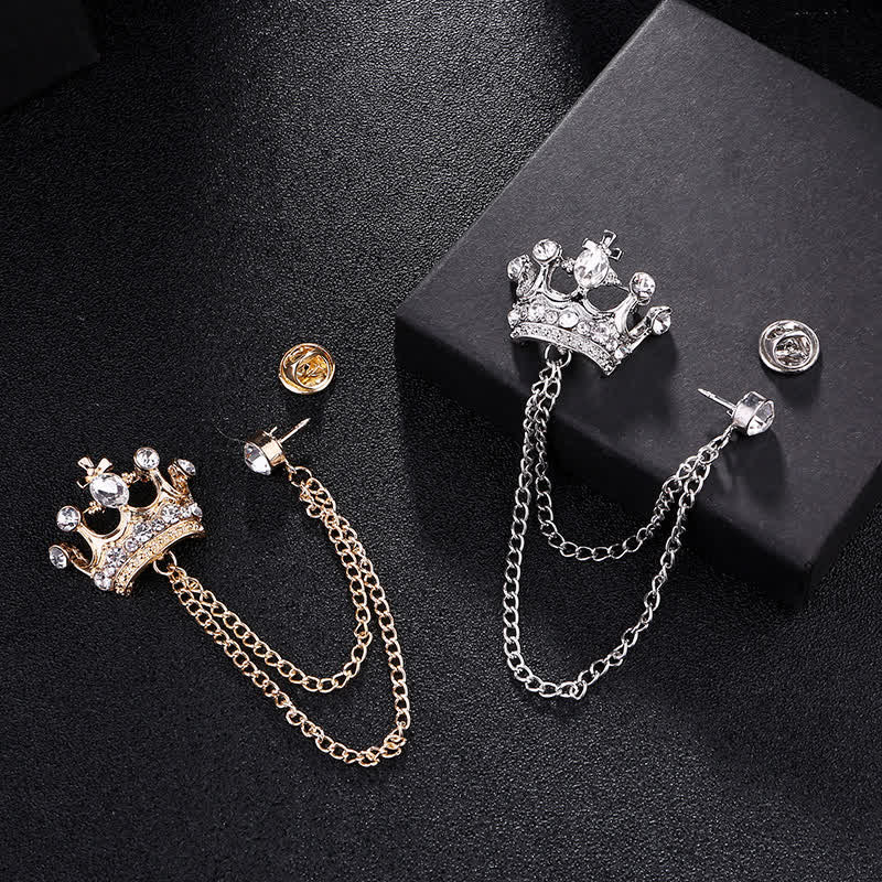 Broche en chaîne et strass pour homme avec couronne rétro