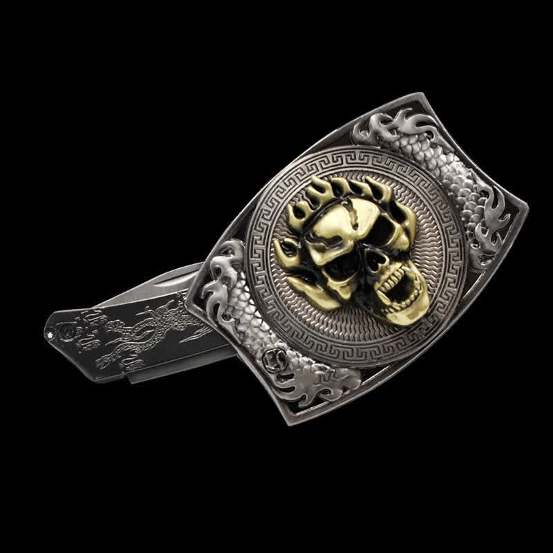 Ceinture en cuir pour homme avec motif tête de mort et couteau pliant
