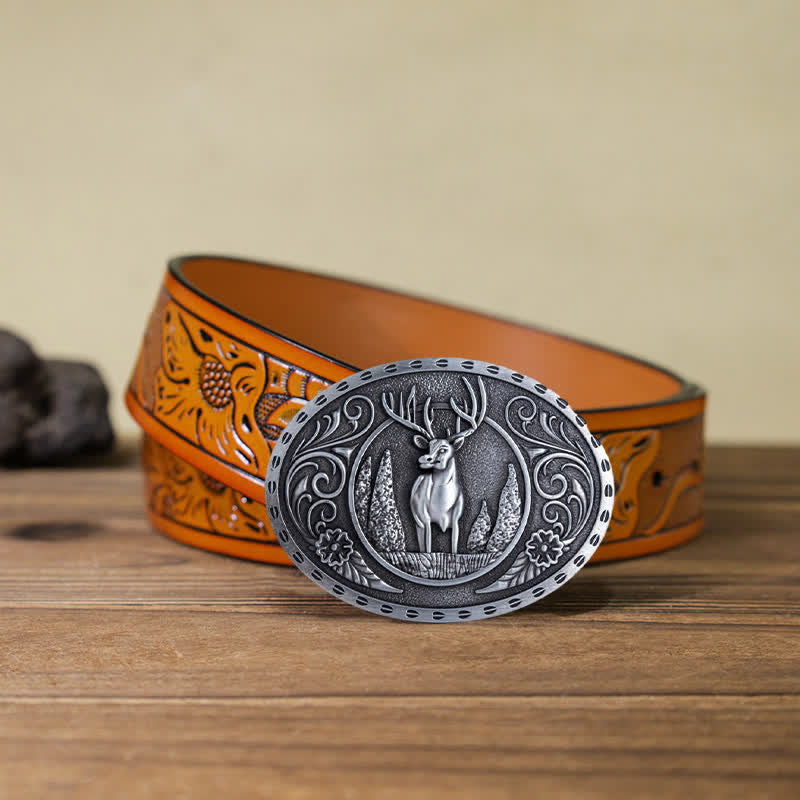 Ceinture en cuir à boucle ovale pour homme avec motif cerf forestier