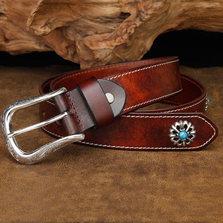 Ceinture unisexe rétro en cuir marron turquoise à fleurs